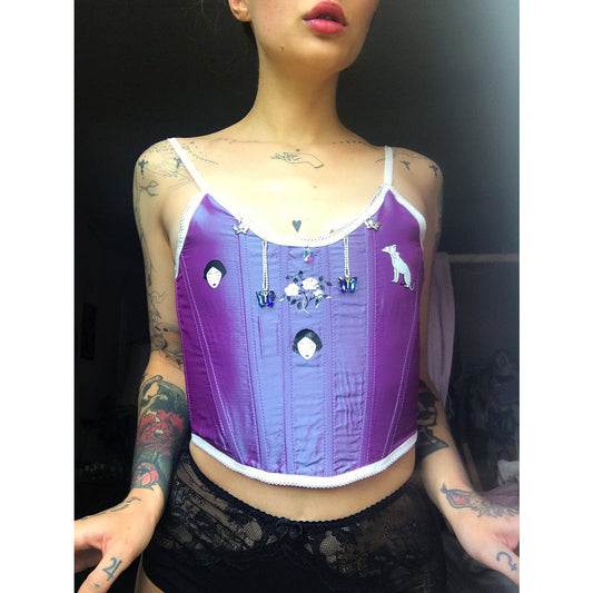 celestial energy corset top with white contrast ribbon